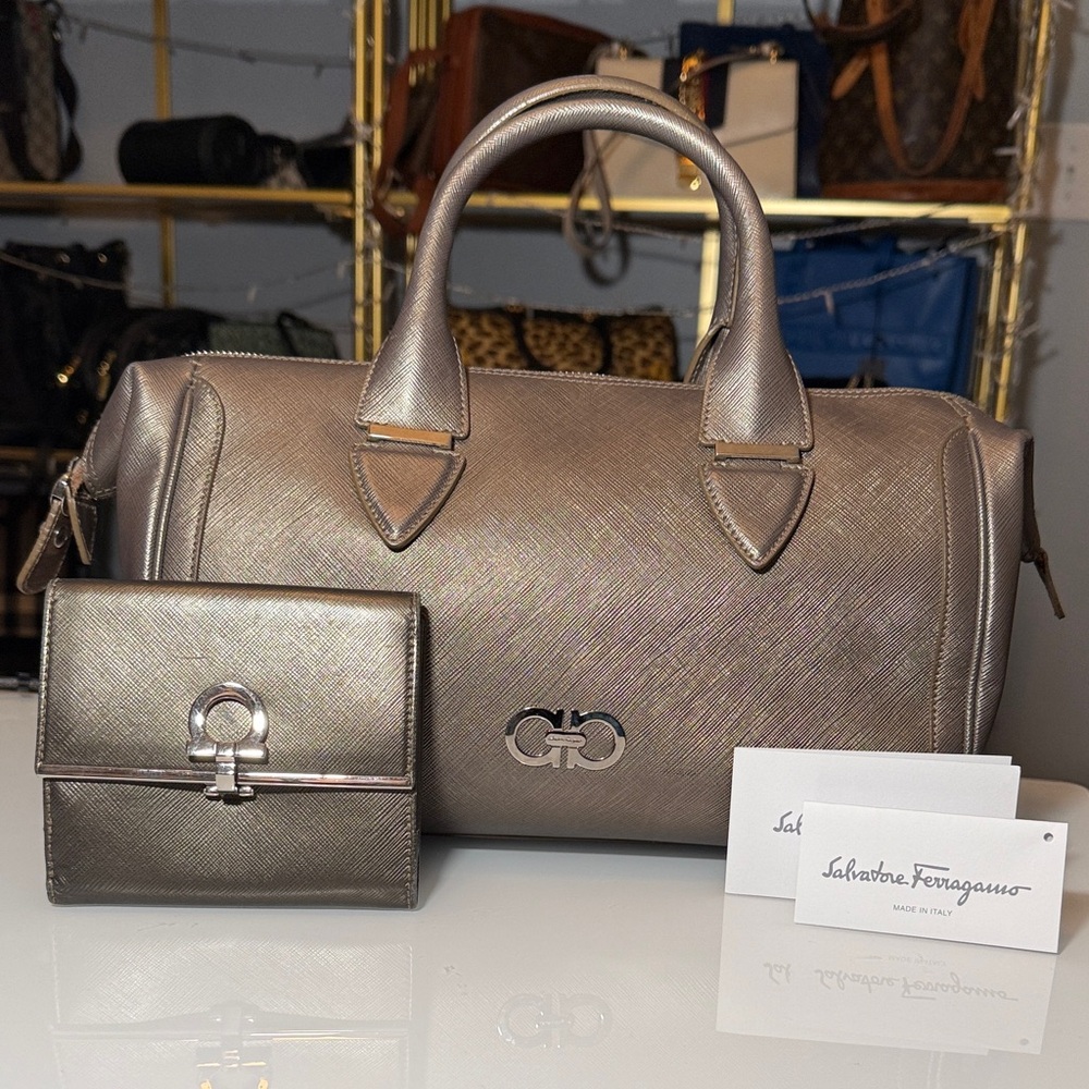 Salvatore Ferragamo SET: Metallic Platinum Gray Satchel & Wallet Silver Gancini